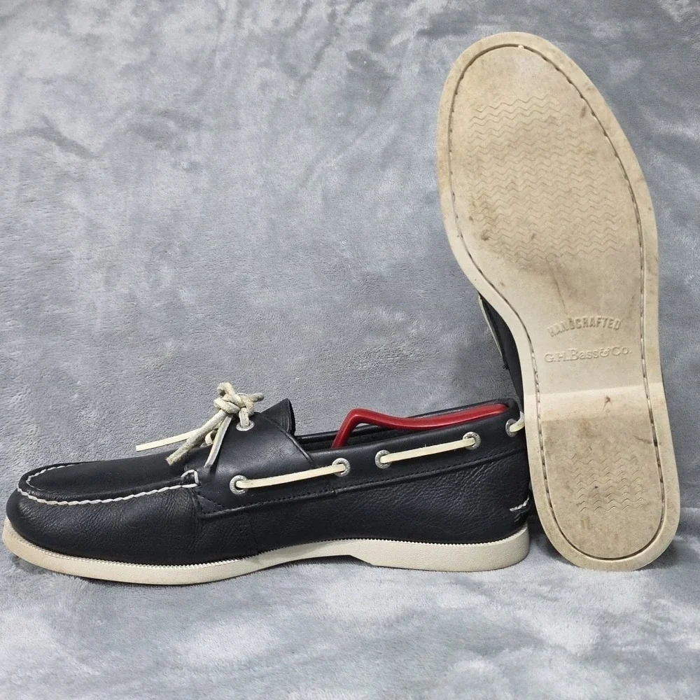 Vintage GH Bass Summer Hampton Boat Shoes Men's Size 9.5 M Black Leather Made In